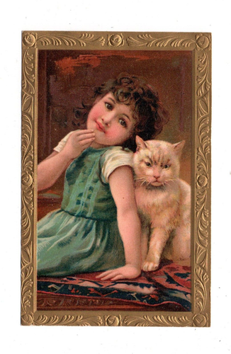 KATZE ~ KÜNSTLERBILD VON KATZE & MÄDCHEN, GEPRÄGTE RAND, PFB PUB PC ~ 1907-14