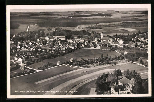Wurzach, Fliegeraufnahme, Gottesberg und Ortschaft, Ansichtskarte 1953  - Bild 1 von 2