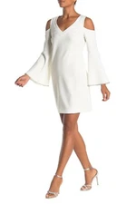 TRINA TURK Ivory White Wash Radner V-Neck Cold Shoulder Embellished Dress 6 = S