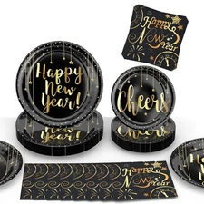 2025 New Year Tableware Set 96 Pcs Black and Gold New Year Dinner Plates Napk...