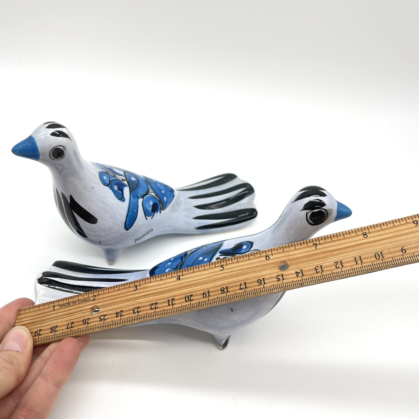 Tonala Mexican Pottery Blue Birds Folk Art Hand Painted Pair