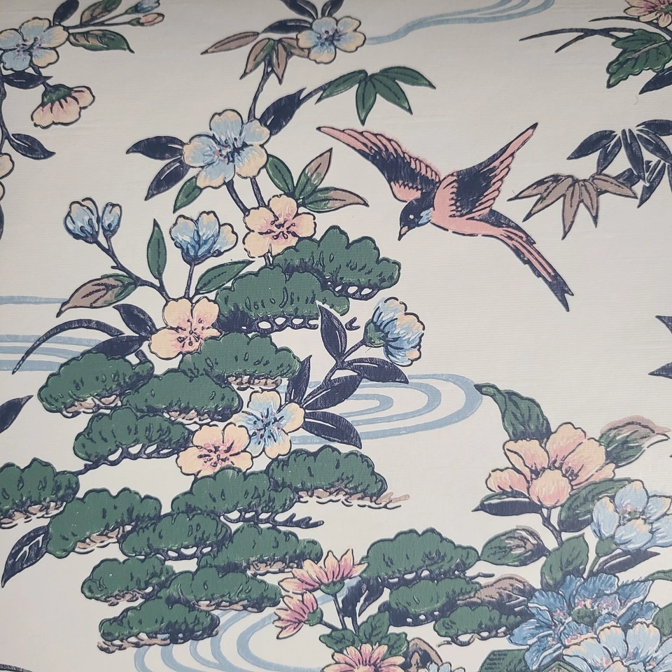 Wallpaper Oriental Scenic Asian floral Pagoda Birds Green Pink Blue Remnant 25' - Image 3 of 4