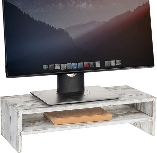 MyGift 2 Tier Rustic Whitewashed Wood Computer Monitor Stand and Desktop Shelf - Picture 7 of 7