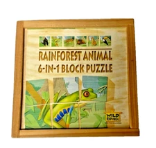 Wild Republic Rainforest Animal 6-in-1 Block Puzzle in Wood Box with Slide Lid