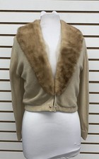 1950s Cream Cashmere Cardigan Sweater w/ Honey Colored Mink Collar Sz. S-M