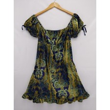 Urban Outfitters Velvet Mini Dress Womens S Blue Gold Floral Open Back Bow Tie