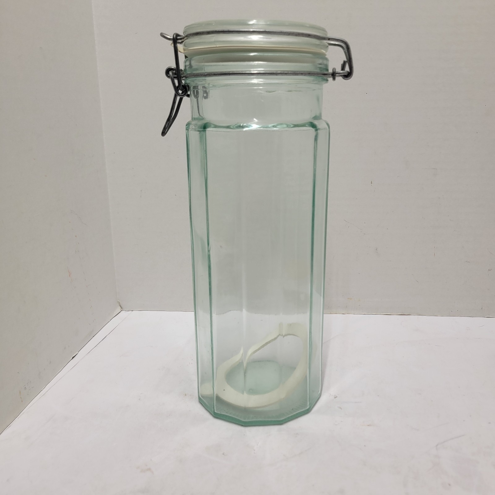 Vtg Hermetic Green Tint Glass 12 Panel Hinged Wire Bail Italy Canister Jar