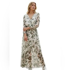 Adrianna Papell White Maxi Dress Green Leaves Pink Blooms Long Sleeves 6