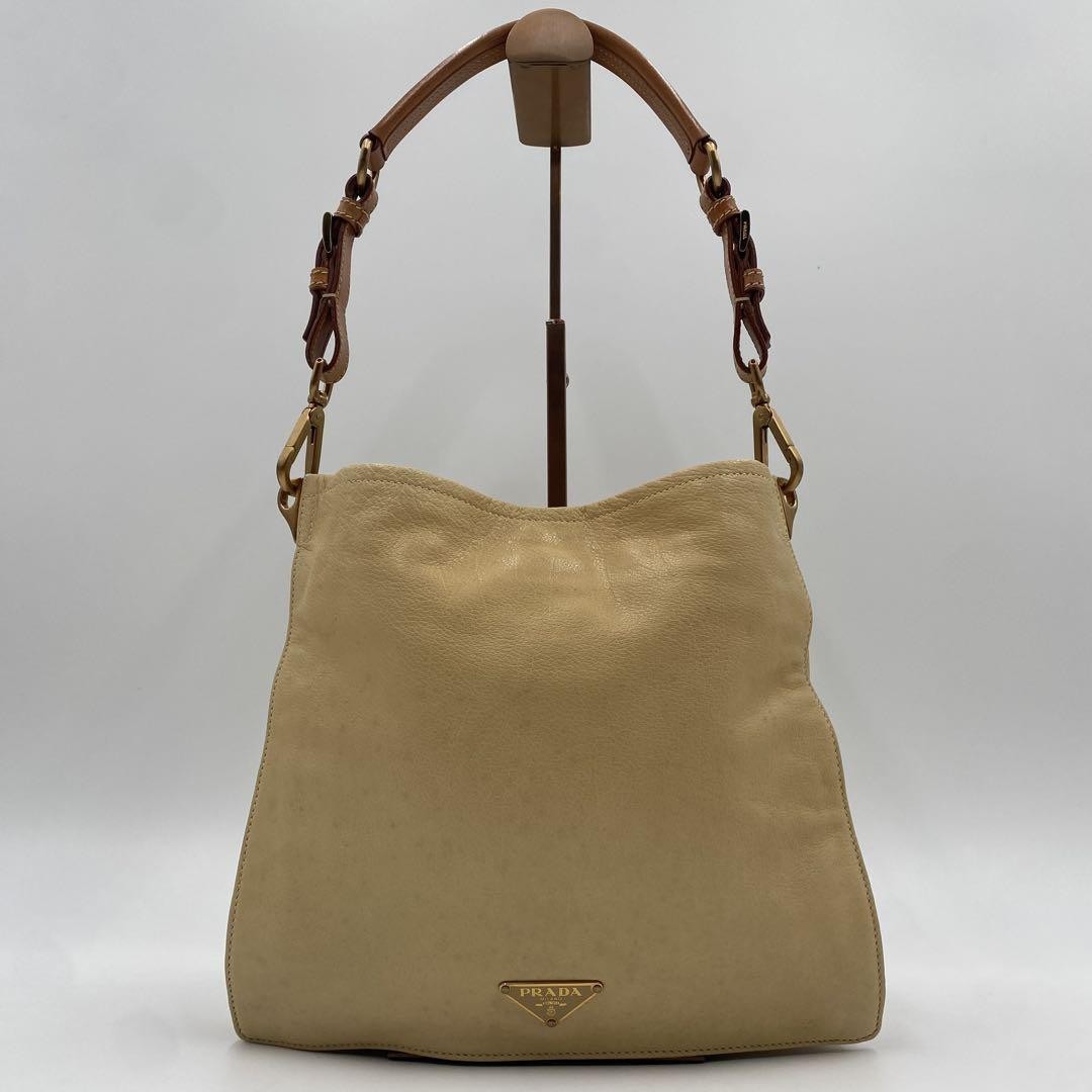 Prada Rare Beige Leather One Shoulder Hobo Bag Pre-Owned