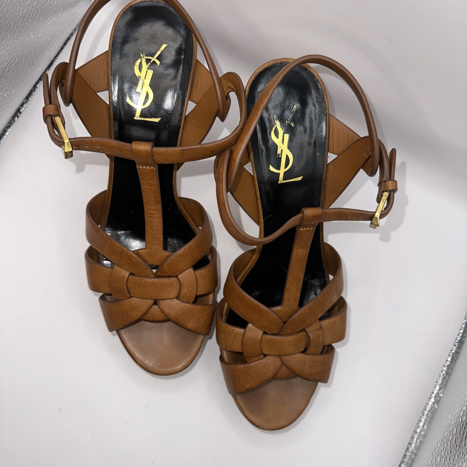 Sandali Yves Saint Laurent Tribute 75 38 pelle marrone con scatola