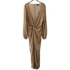 Fashion Nova Maxi Dress Gold Sequin Deep V-Neck Twist Front Bishop Sleeve 1XL