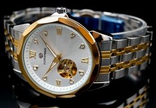 Elegante Herren Männer Automatik Uhr Gold Silber Bicolor Farben offene Unruh NEU