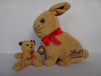 Vintage, Plüsch, Lindt, Goldhase, Hase, Hase, mit Etui & kleinem. Lindt Teddybär.