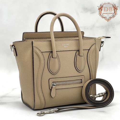Celine Luggage Nano Shopper Beige Leather 2 Way Shoulder Bag Silver Auth