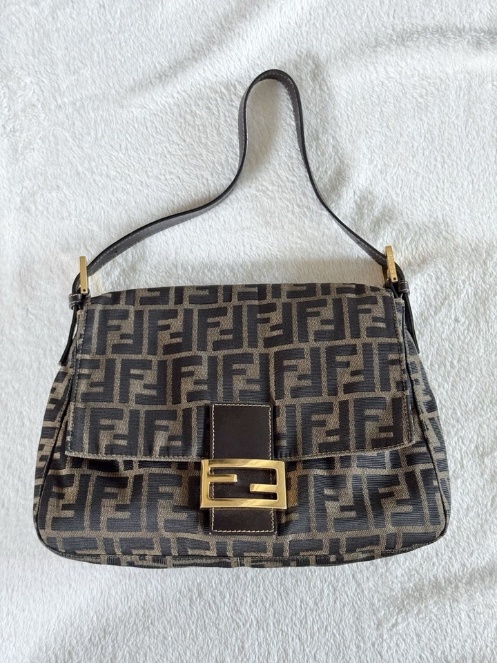 100% AUTHENTIC - FENDI Mamma Baguette Iconic Zucca Shoulder Bag Brown Canvas GHW