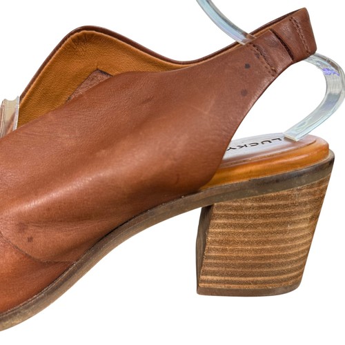 Lucky Brand Rhazy Brown Leather Block Chunky Heel Slingback Sandals Shoes 8.5 - Picture 4 of 16