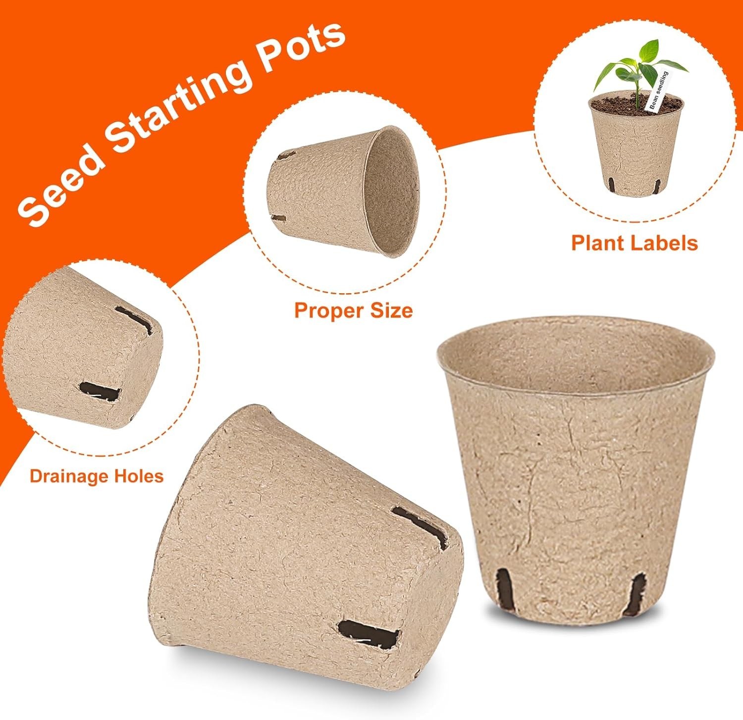 60 Packs 3.15 Inch Peat Pots,Biodegradable Pots for Seedlings with Drainage Hole
