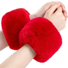 Faux Fur Short Wrist Cuff Winter Fuzzy Wrist Cuff Warmers for Women Girls Red
