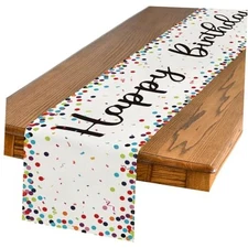  Polka Dot Happy Birthday Table Runner, Seasonal 13" x 90", Table Runner Beige
