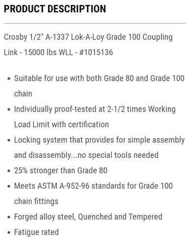 Crosby 1015136, 1/2", A-1337 Lok-A-LOY Grade 100 Alloy Connecting Link - Picture 5 of 6