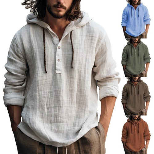 Men Sweater Solid Long Sleeve Cotton Hemp Hooded Top Casual Hoodies Shirt Blouse - Picture 10 of 18