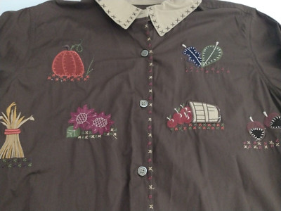 Bobbie Brooks Shirt Embroidered Fall Theme Leaves, Apples, Pumpkins Size 18W/20W