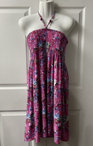 Jennifer Lawrence Plus Womens 3X Pink Smocked Beaded Halter Dress Beach Coverup - Picture 6 of 6