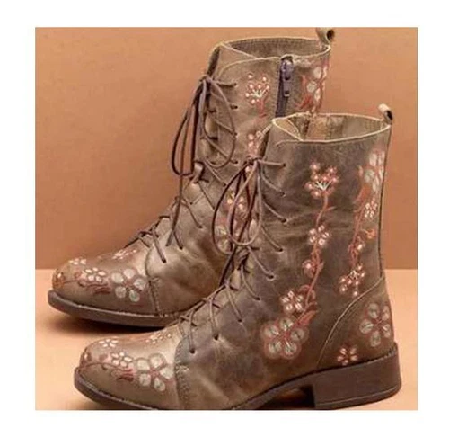 NEW Woman's Fashion Embroidered Flower Vintage Boho Lace Up Ankle Boots/ - Picture 12 of 18