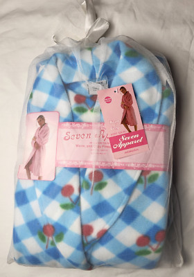 Seven Apparel Robe One Size Blue Plaid Cherries Soft Cozy Comfort