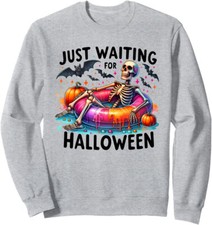 Funny Just Waiting For Halloween Skeleton Spooky Unisex Crewneck Sweatshirt