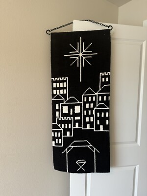 Christmas Tapestry Yarn Wall Art Black White Village Manger Nativity Religious