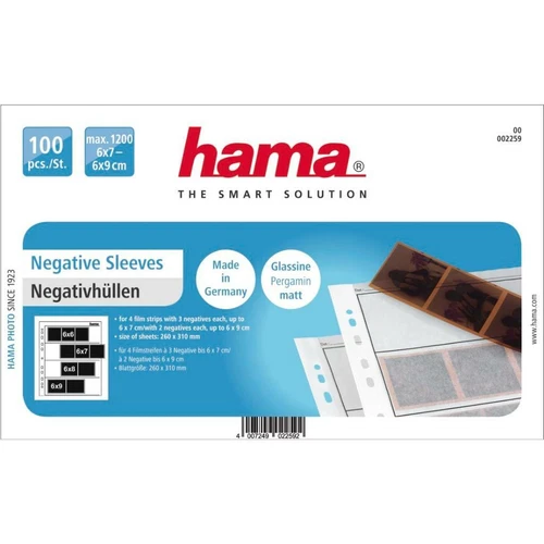 HAMA 100 GLASSINE NEGATIVE SLEEVES 4 STRIPS OF 6 X 6 - 6 X 9CM 2259