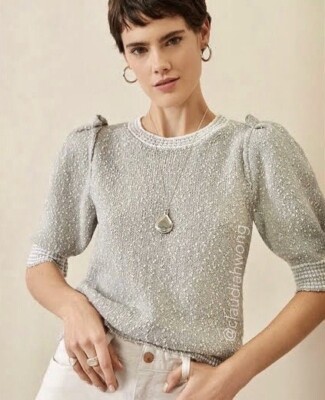 NEW GWYN G. Label by Goop Aura Merino Wool Tweed Puff Sleeve Fog Grey Sweater M