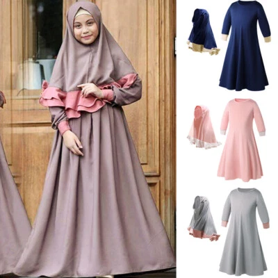 Muslim Kids Girls Prayer Burka Hijab Long Dress Islamic Abaya Kaftan Caftan Gown