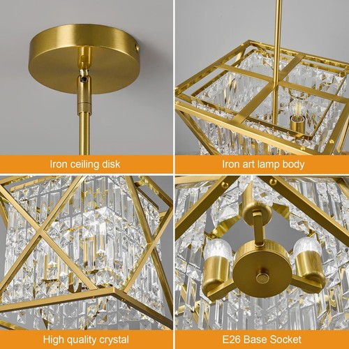 BBLLWJ Square Crystal Chandelier Light Fixture 12.99 inch Glod Metal Pendant - Picture 4 of 7
