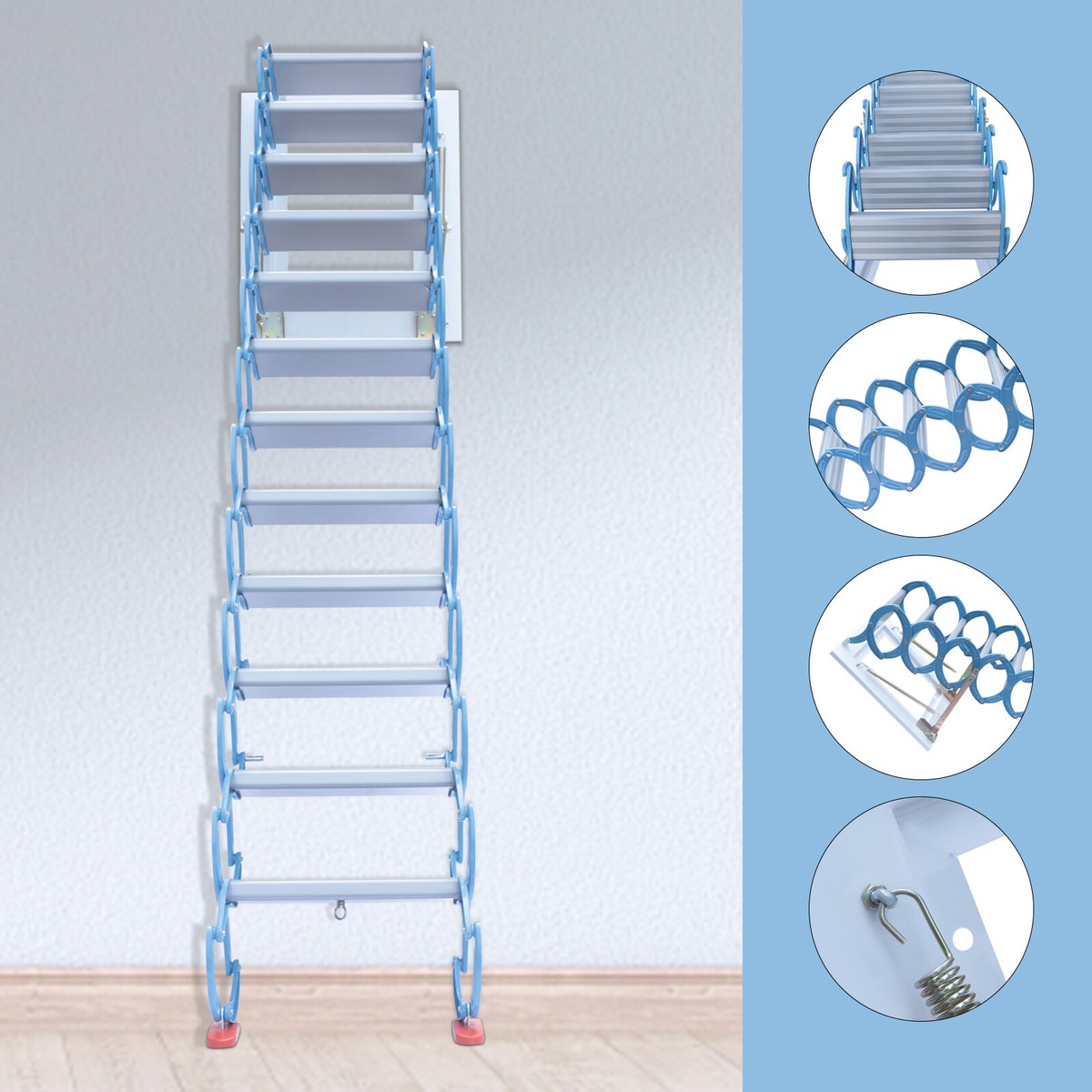 Wall-Mounted Loft Staircase – 12-Step Folding Attic Ladder, 9.8-Foot Height, 660 Lbs Capacity, Alloy Steel With Anti-Slip Treads, Space-Saving Retractable Design For Loft Basement Attic