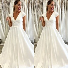 Elegant Satin Deep V Neck Wedding Dresses Short Cap Sleeve A Line Bridal Gowns