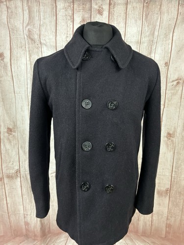 Vintage Fur Lined Peacoat Jacket Reefer Coat Charcoal Grey Blue Nautical Small - Picture 11 of 24