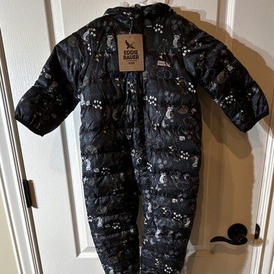 Eddie Bauer Puffer Snowsuit Hooded Insulated Black Blast 6-12M Animal Print