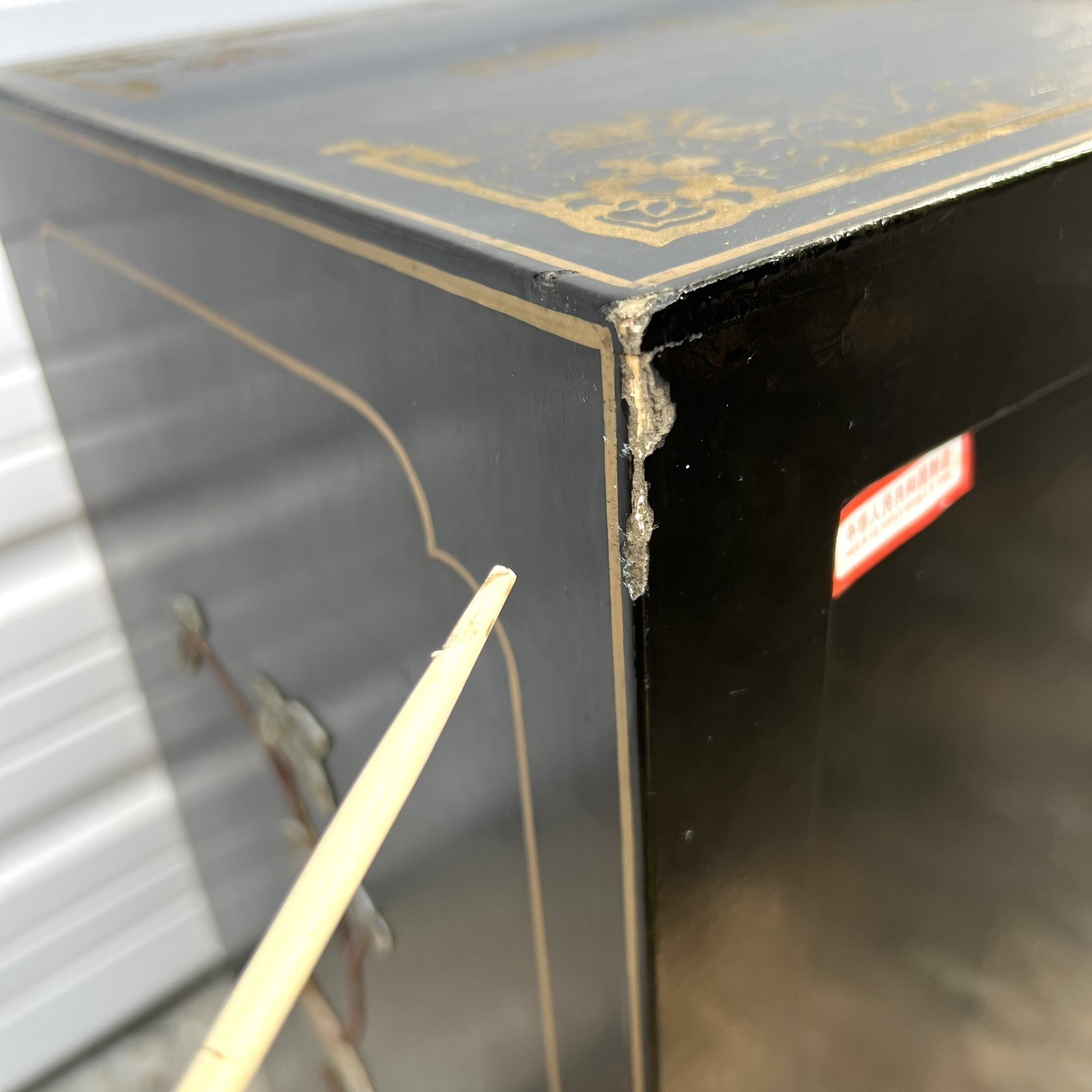 Chinese Black Lacquer Gold Hand Painted Cabinet Stone Relief Bird Flower MCM SEE