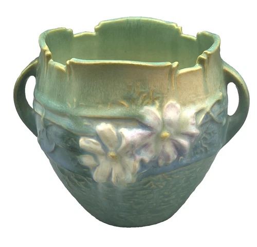 Roseville Art Pottery 4 3/4" Cosmos Round Handled Vase 649-3 / Circa 1940's