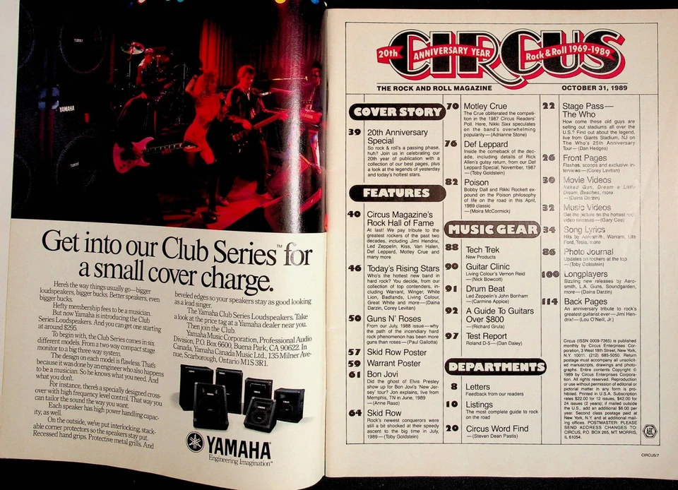 Circus Magazine Oct 1989 20th Anniversary White Lion G N R, Bon Jovi Skid Row - Image 2 of 4
