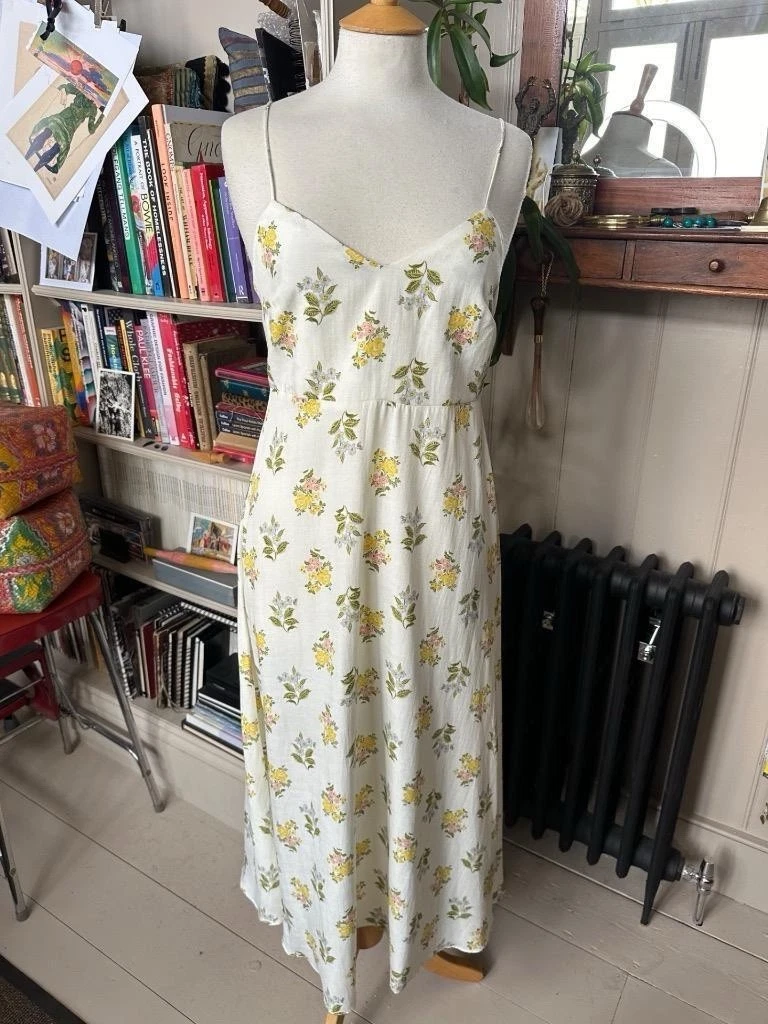 OFF WHITE Abito donna ZARA nuovo stampa floreale midi cotone lino ecrù bianco taglia XS Y1095