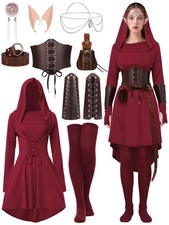 10 Pcs Women Renaissance Halloween Fairy Costume Medieval Hooded Elf Dress  ...