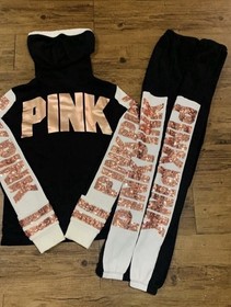 PINK VS ROSEGOLD BLING HOODIE AND MATCHING SWEATPANTS OUTFIT M
