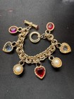 Vintage Givenchy Charm Bracelet: Gold Tone Hearts, Pearls & Gem Cabochons