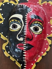 Vtg Paper Mache Hand Held Mask Black  Red Handmade/ Mexico 14  x8  Signed