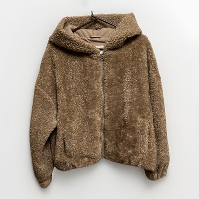 Hollister Women s Curly Faux Fur Teddy Bear Oversized Jacket Tan Hood XL EUC