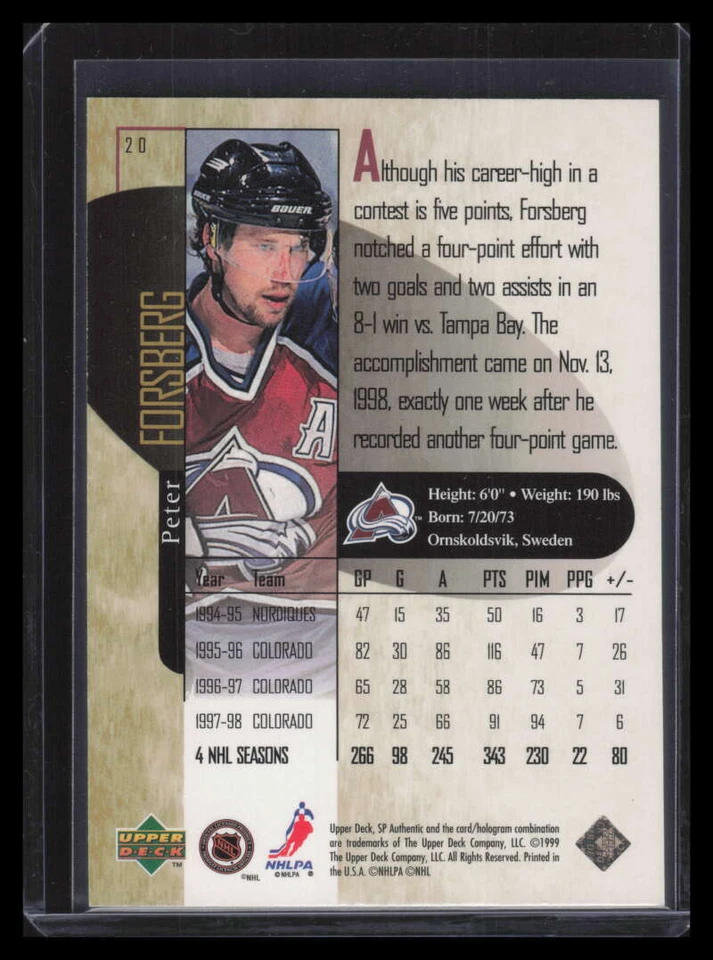 1998-99 SP Authentic Power Shift 20 Peter Forsberg 198/500 - Image 2 of 2