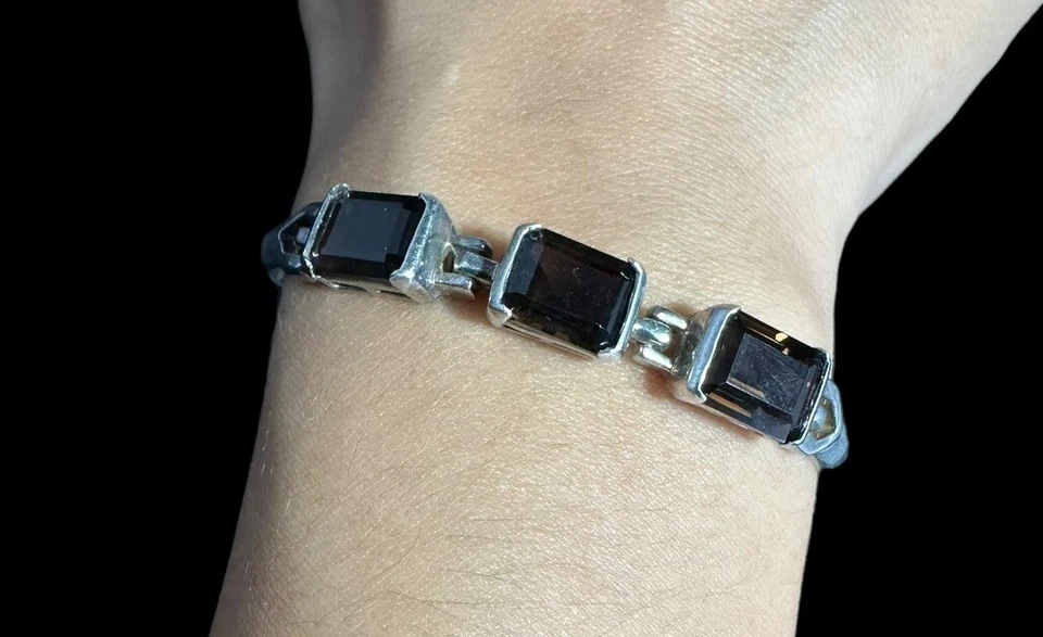 Brazalete de cuarzo ahumado firmado BADAVICI 925 corte rectangular piedras preciosas 6,5 pulgadas Foto 2 de 4